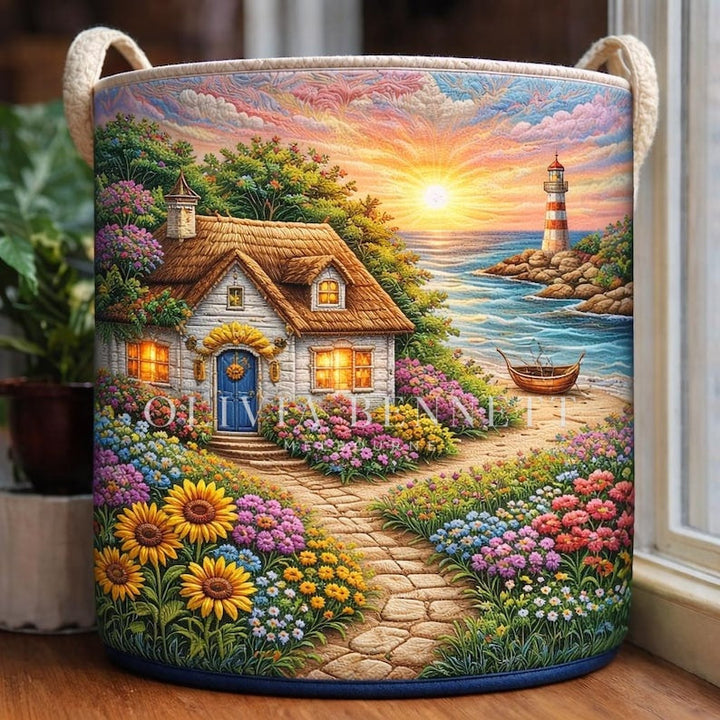 Cottage & Lighthouse Scene Quilted Laundry Basket