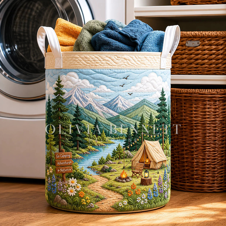 Mountain Camping Adventure Nature Quilted Laundry Basket