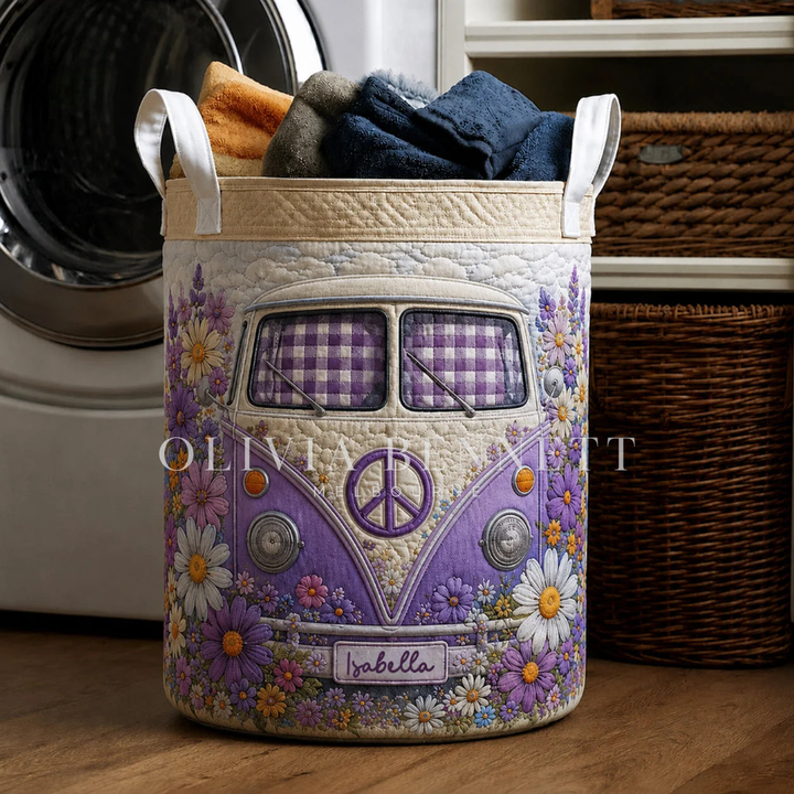 Purple Hippie Camper Van Personalized Quilted Laundry Basket