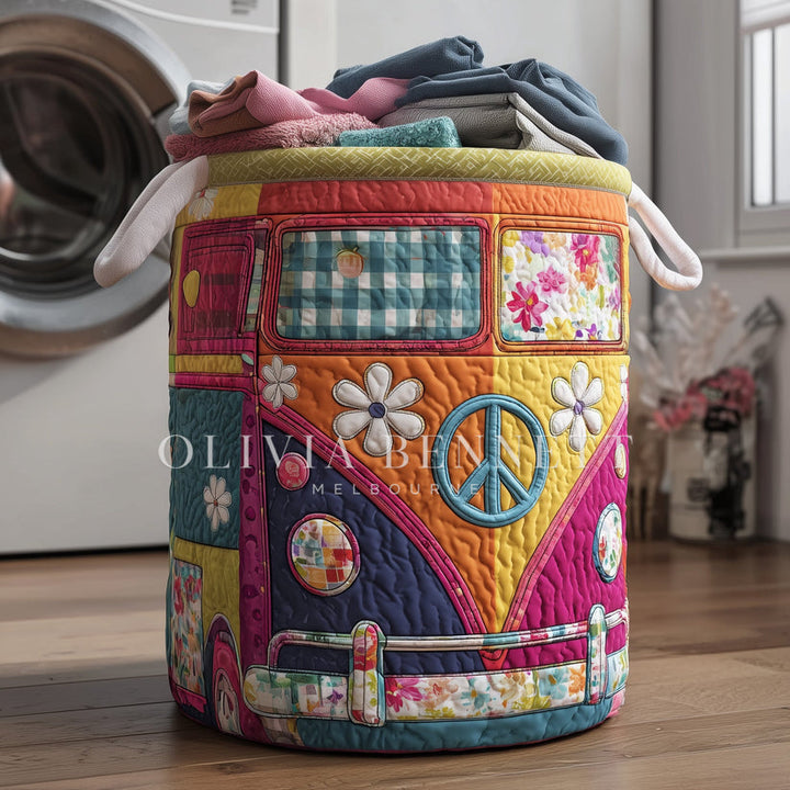Colorful Hippie Bus Quilted Laundry Basket
