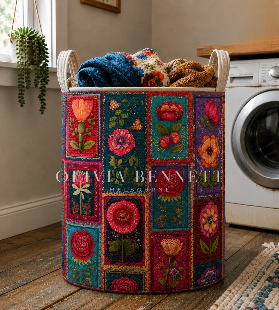 Colorful Floral Patchwork Quilted Laundry Basket