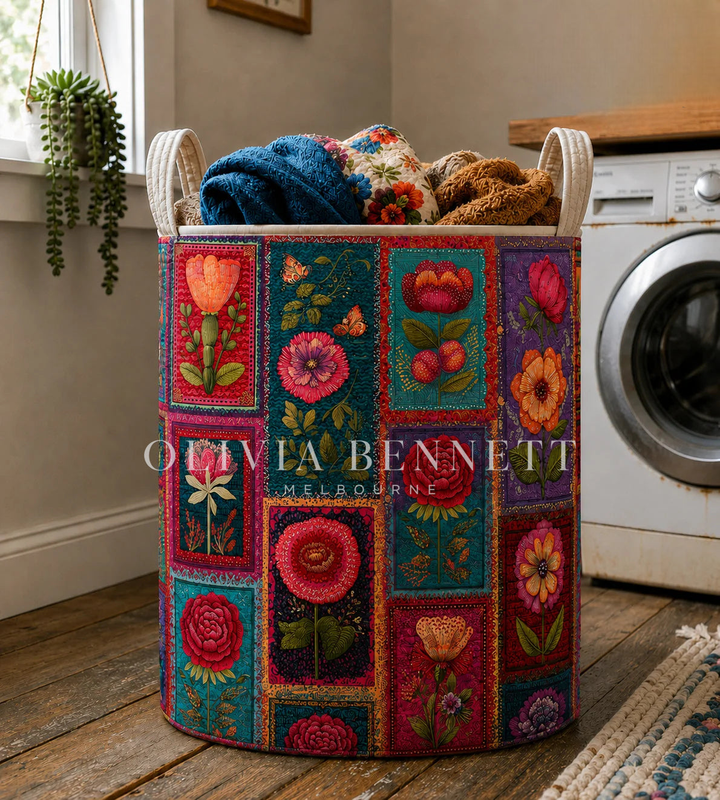 Colorful Floral Patchwork Quilted Laundry Basket