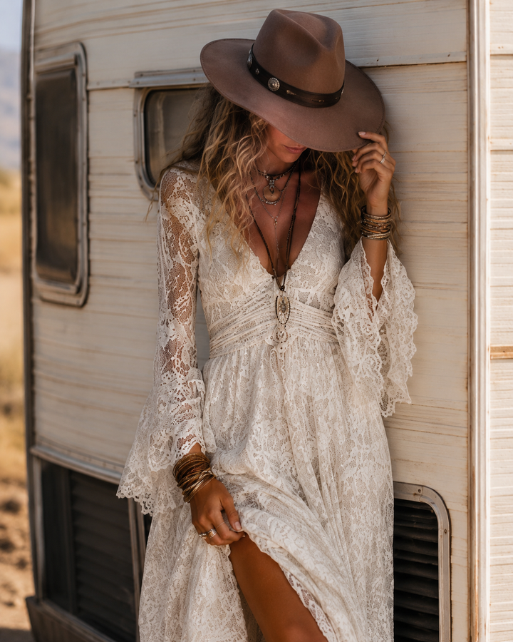 Serena | Maxi Lace Dress with Bell Sleeves, Ivory