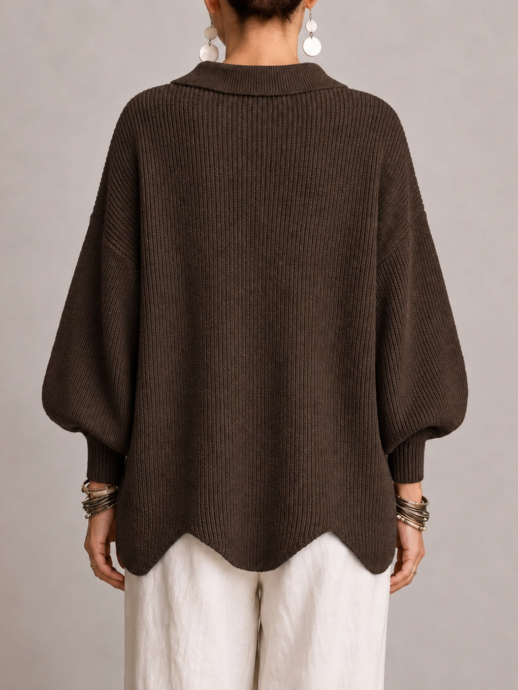 Graziella | Oversized Ribbed Cardigan with Scalloped Hem, Chocolate Brown