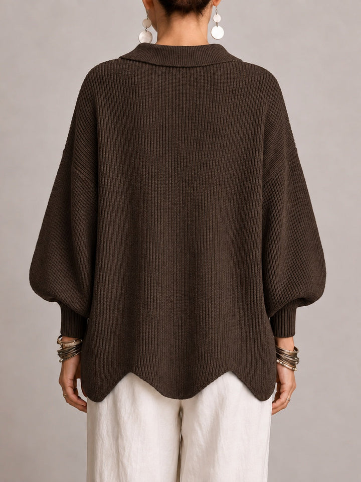 Graziella | Oversized Ribbed Cardigan with Scalloped Hem, Chocolate Brown