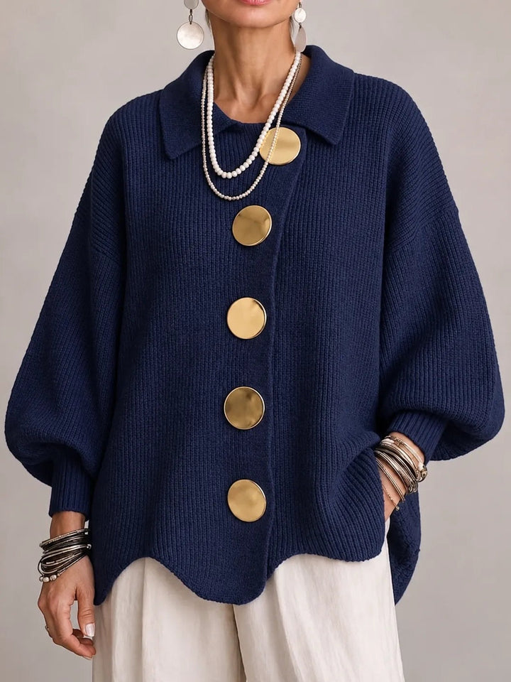Milena | Oversized Ribbed Cardigan with Scalloped Hem, Navy Blue