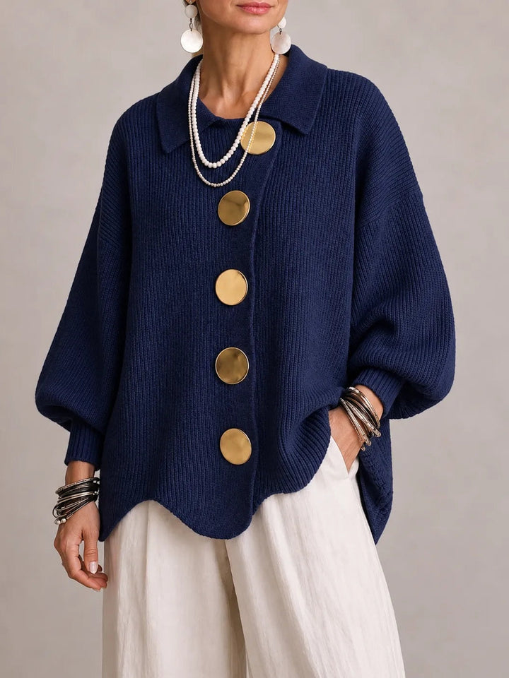 Milena | Oversized Ribbed Cardigan with Scalloped Hem, Navy Blue