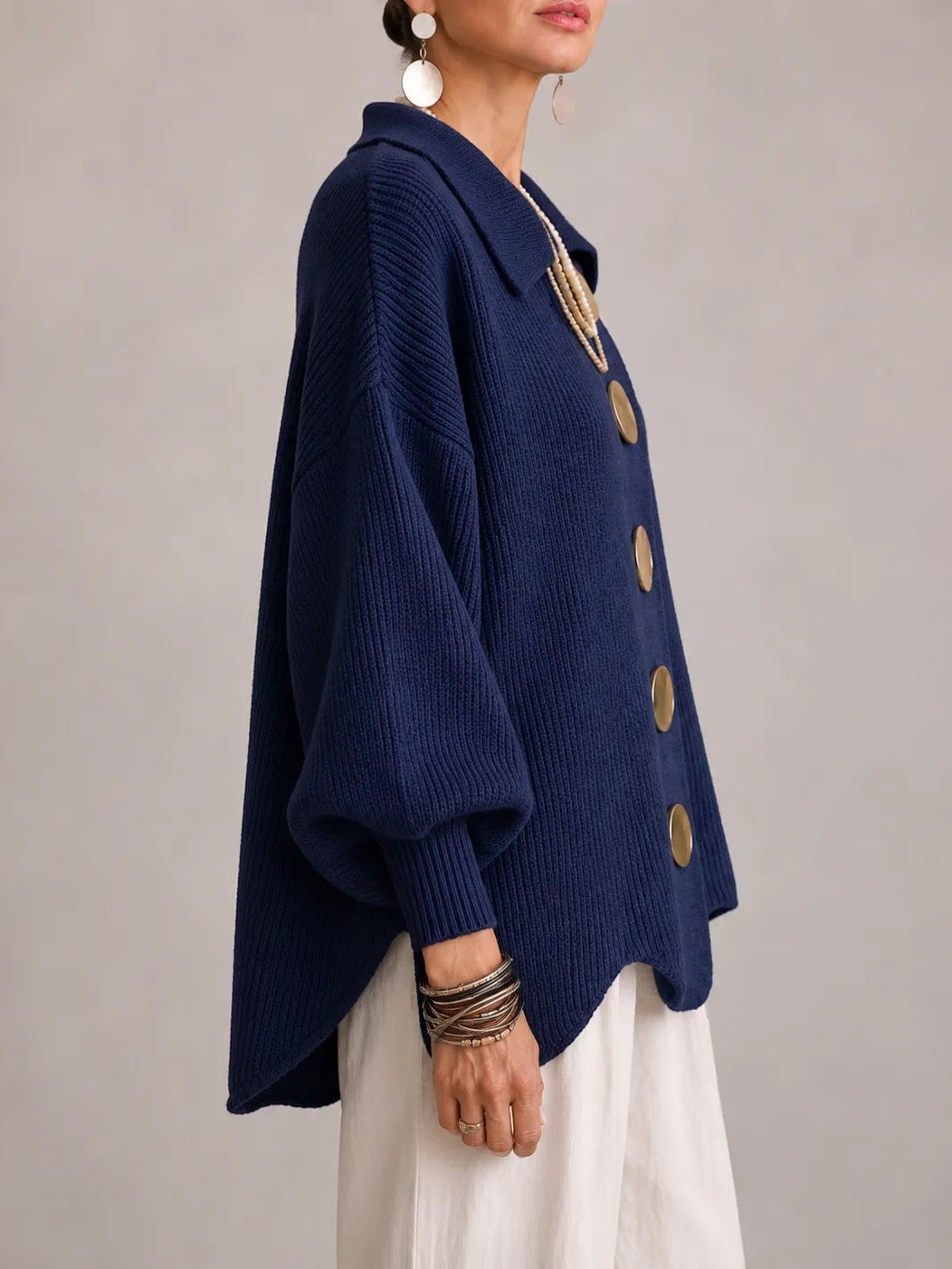 Milena | Oversized Ribbed Cardigan with Scalloped Hem, Navy Blue