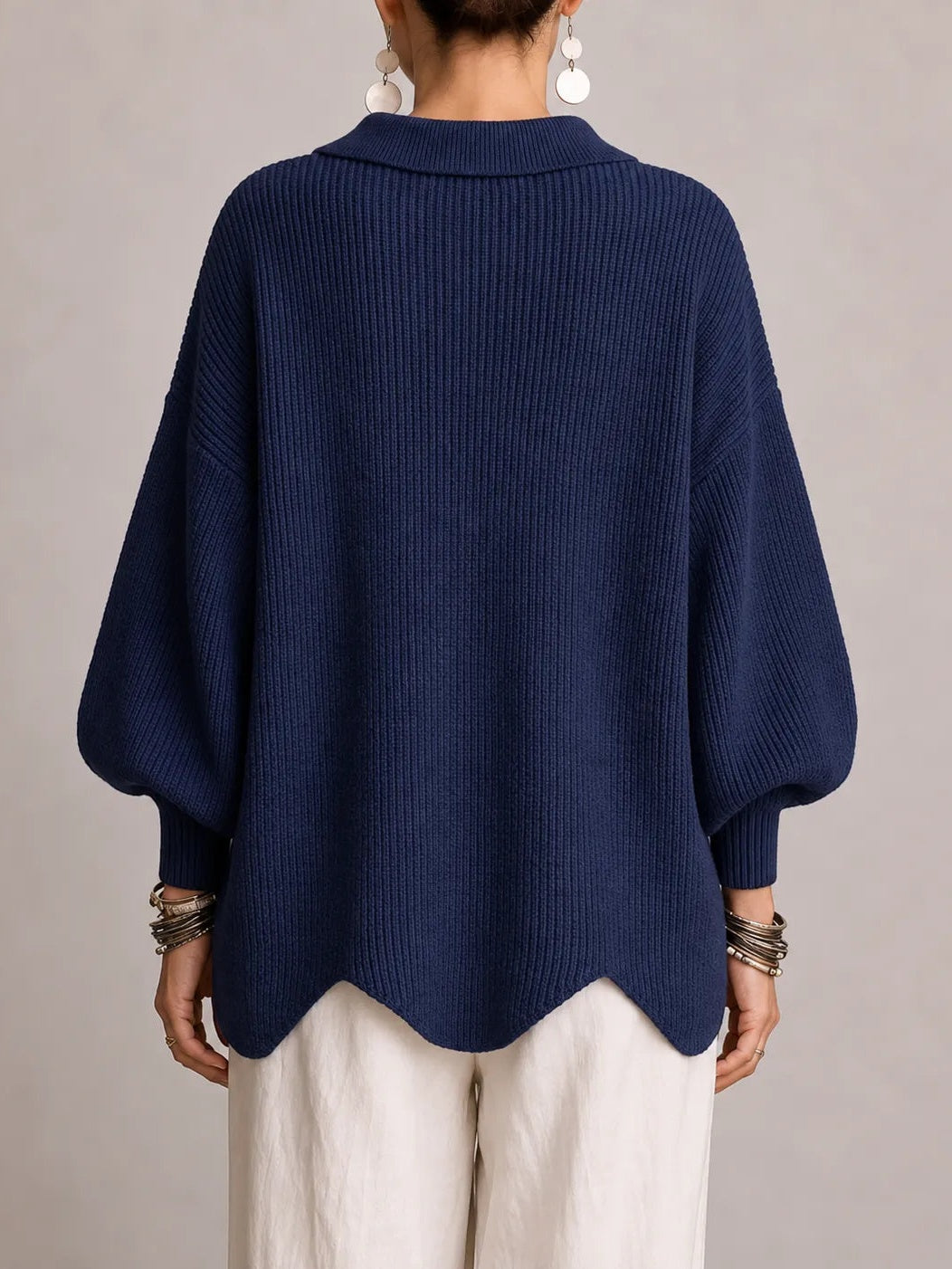 Milena | Oversized Ribbed Cardigan with Scalloped Hem, Navy Blue