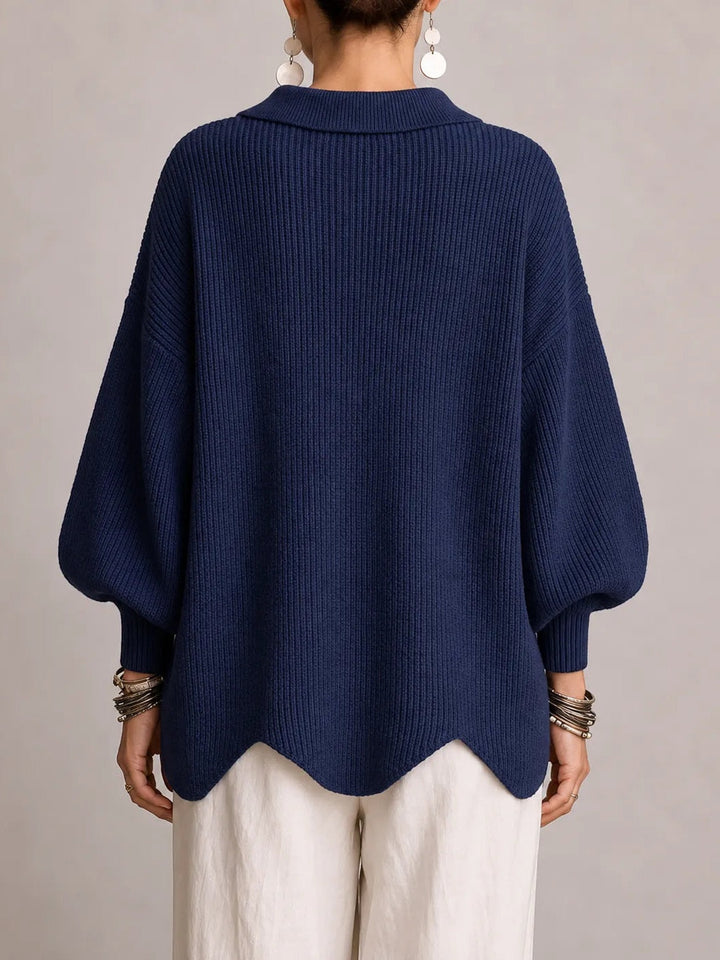 Milena | Oversized Ribbed Cardigan with Scalloped Hem, Navy Blue