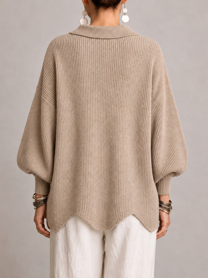 Iolanda | Oversized Ribbed Cardigan with Scalloped Hem, Sand Beige