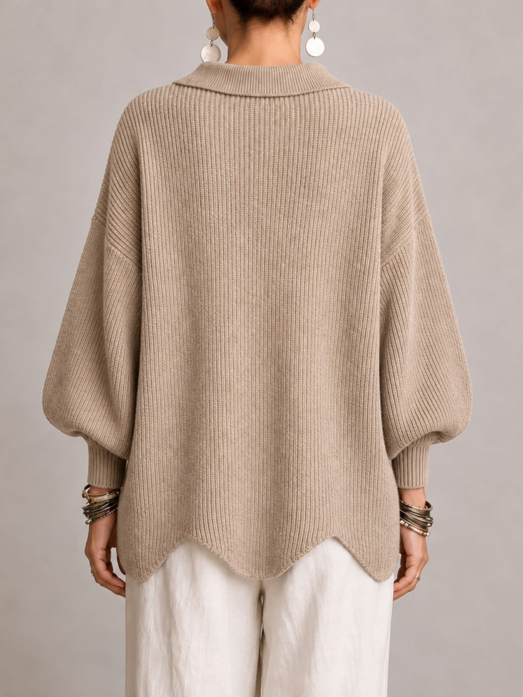 Iolanda | Oversized Ribbed Cardigan with Scalloped Hem, Beige Sand