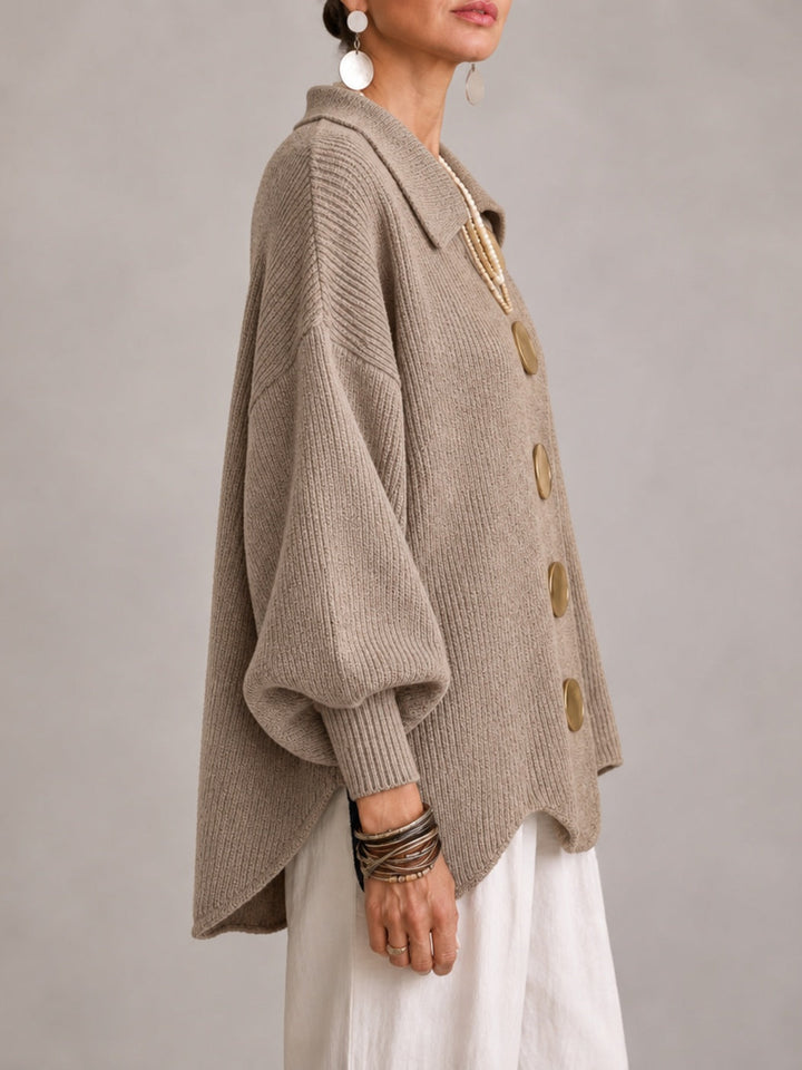 Iolanda | Oversized Ribbed Cardigan with Scalloped Hem, Sand Beige