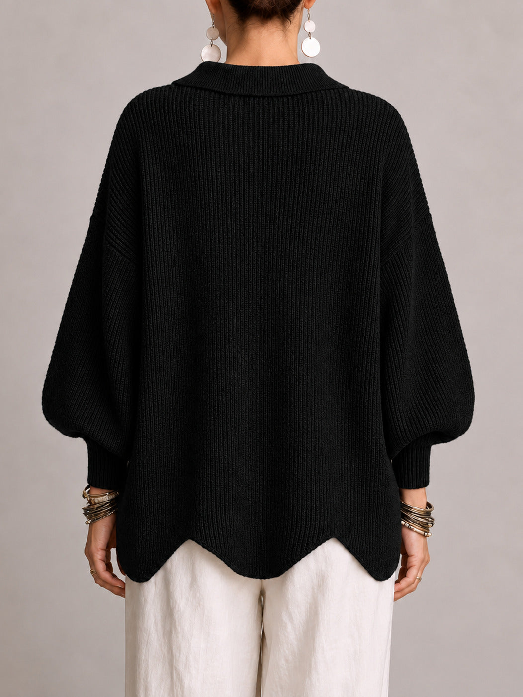 Maddalena | Oversized Ribbed Cardigan with Scalloped Hem, Black