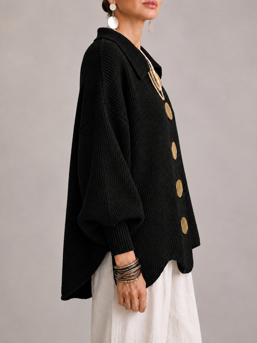 Maddalena | Oversized Ribbed Cardigan with Scalloped Hem, Black