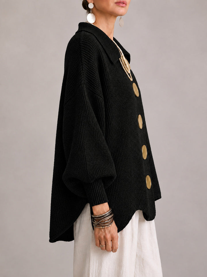 Maddalena | Oversized Ribbed Cardigan with Scalloped Hem, Black