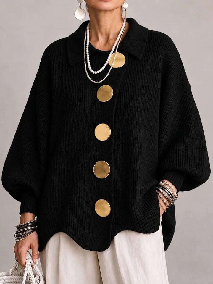 Maddalena | Oversized Ribbed Cardigan with Scalloped Hem, Black