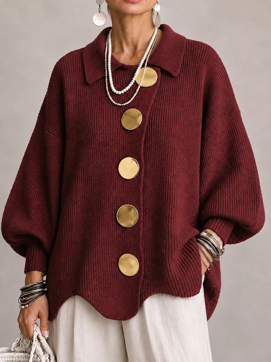 Loredana | Oversized Ribbed Cardigan with Scalloped Hem, Bordeaux