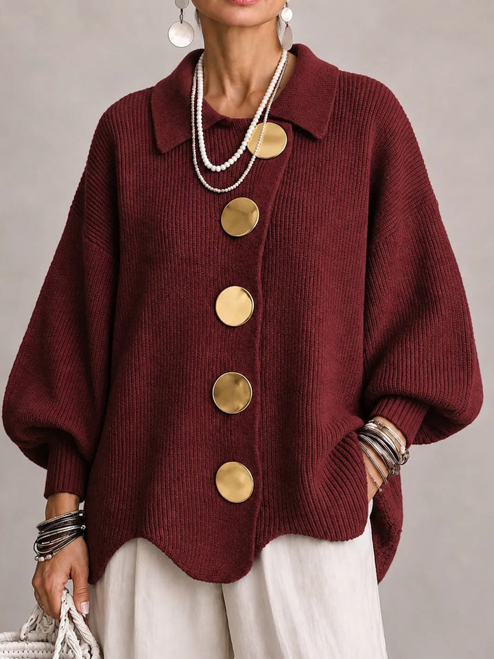 Loredana | Oversized Ribbed Cardigan with Scalloped Hem, Bordeaux