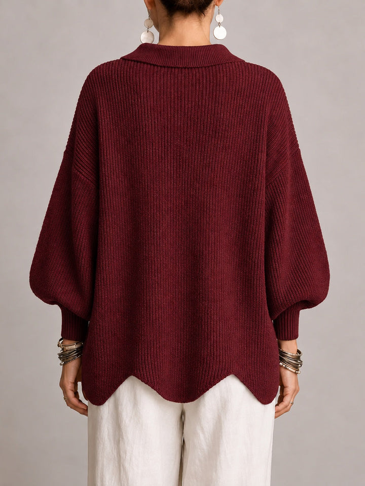 Loredana | Oversized Ribbed Cardigan with Scalloped Hem, Bordeaux