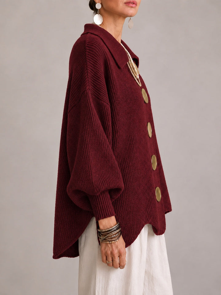 Loredana | Oversized Ribbed Cardigan with Scalloped Hem, Bordeaux