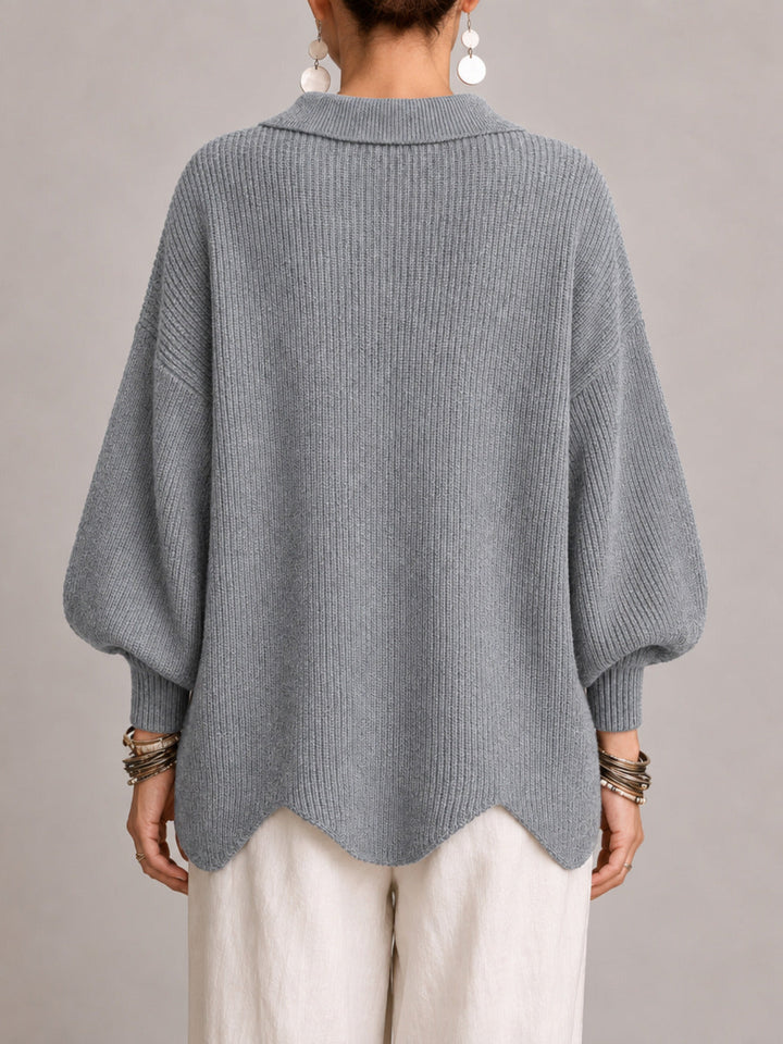 Rosanna | Oversized Ribbed Cardigan with Scalloped Hem, Gray