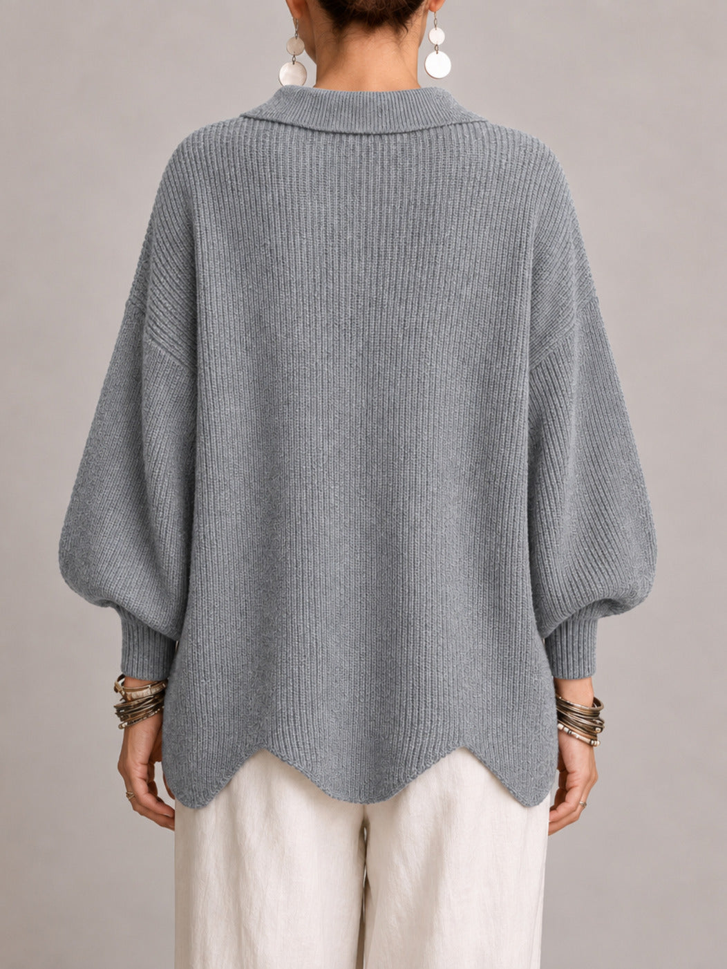 Rosanna | Oversized Ribbed Cardigan with Scalloped Hem, Gray