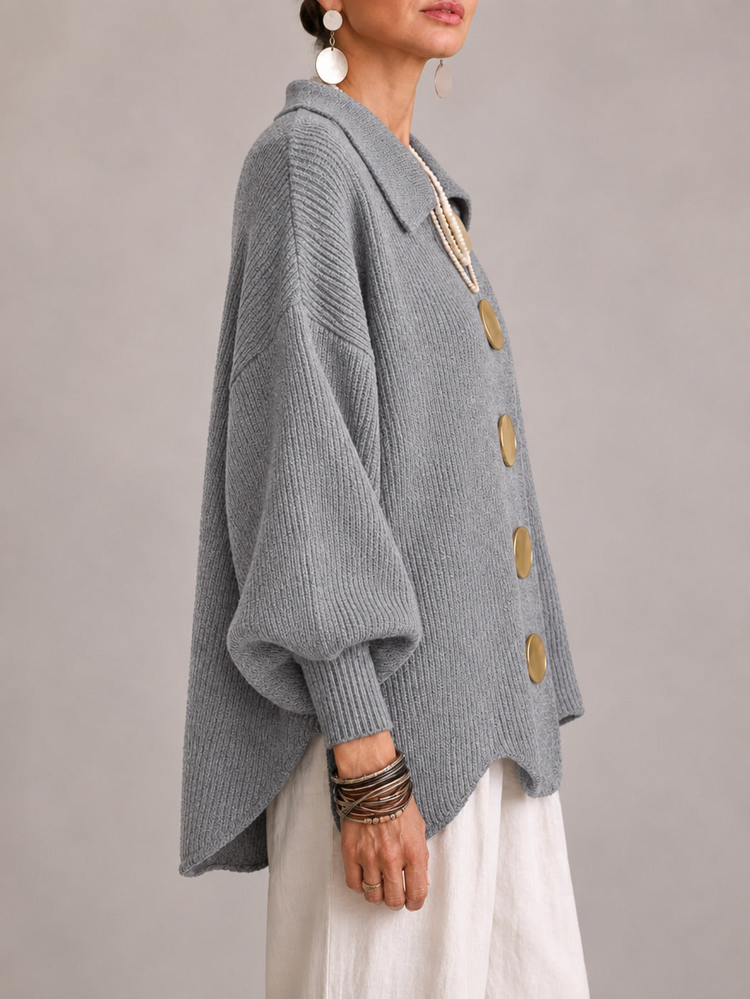 Rosanna | Oversized Ribbed Cardigan with Scalloped Hem, Gray