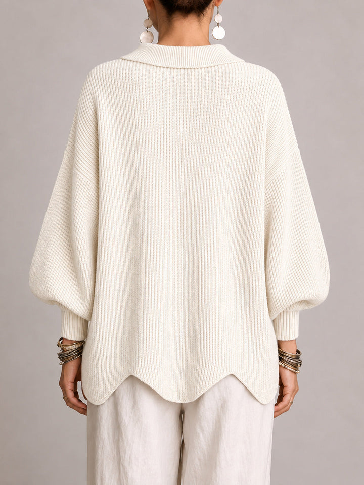 Gemma | Oversized Ribbed Cardigan with Scalloped Hem, Ivory