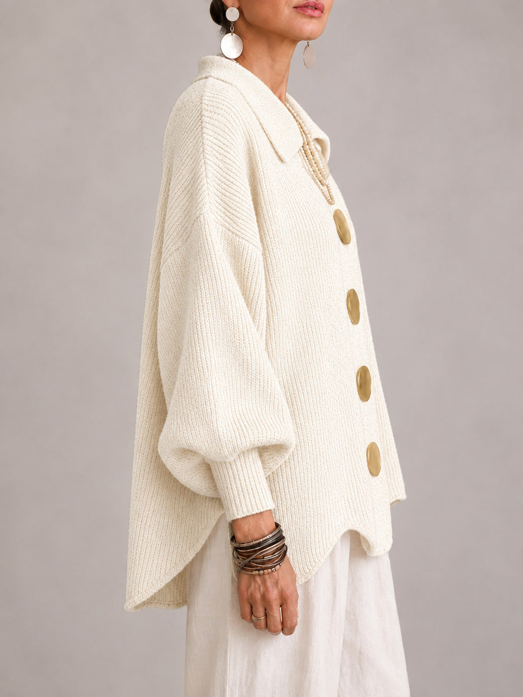Gemma | Oversized Ribbed Cardigan with Scalloped Hem, Ivory