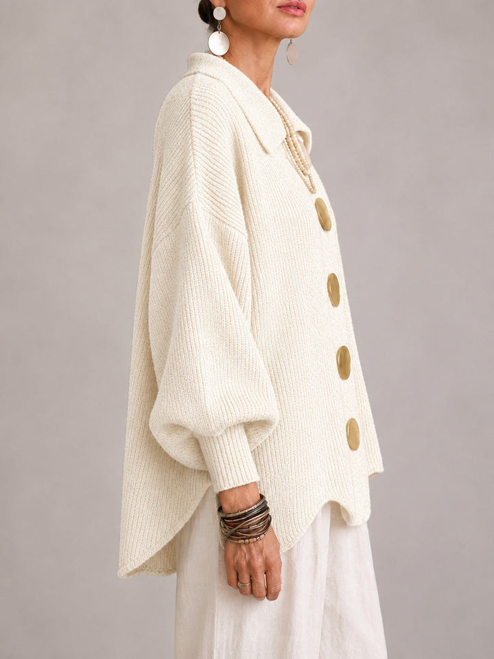 Gemma | Oversized Ribbed Cardigan with Scalloped Hem, Ivory