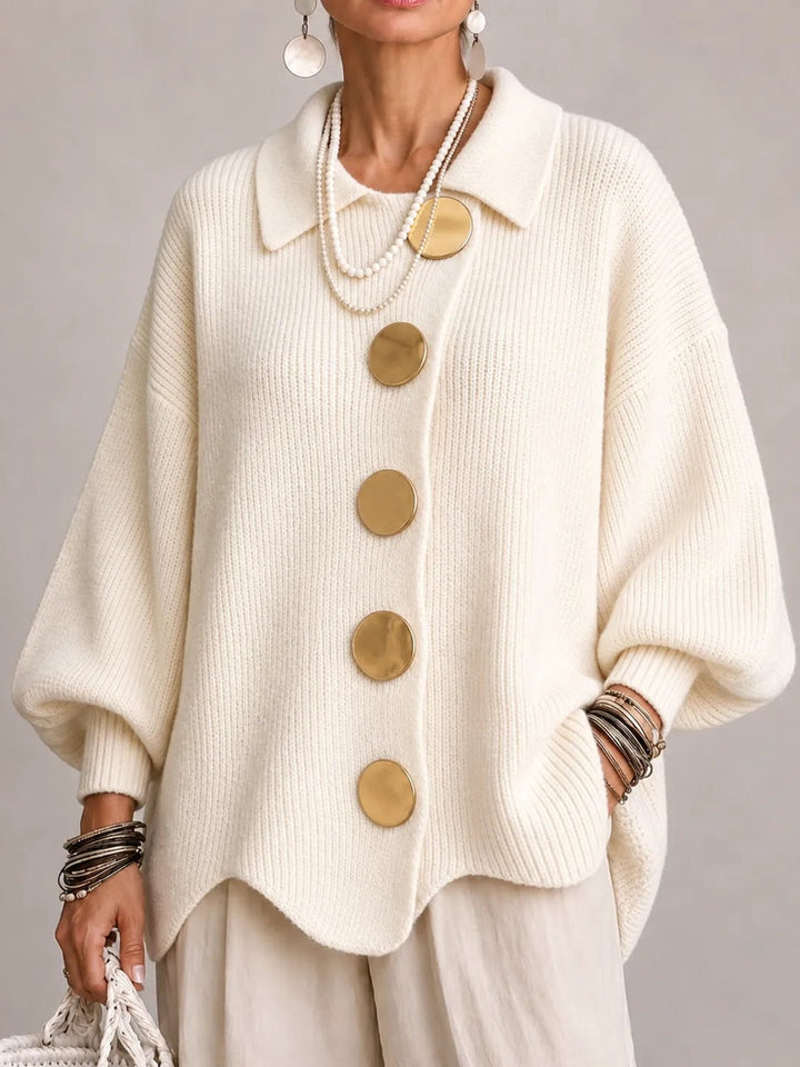 Gemma | Oversized Ribbed Cardigan with Scalloped Hem, Ivory