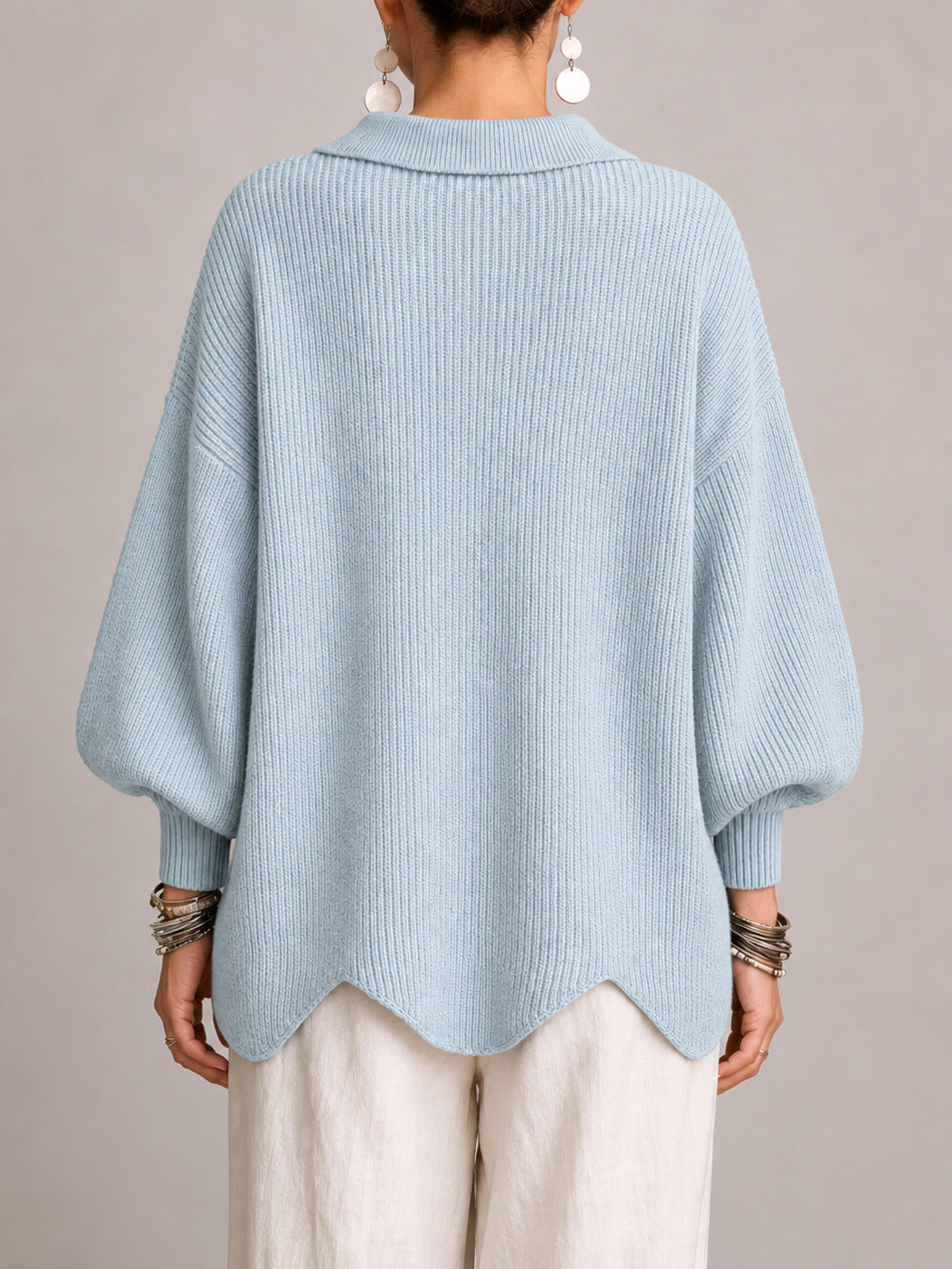 Oriana | Oversized Ribbed Cardigan with Scalloped Hem, Dusty Blue