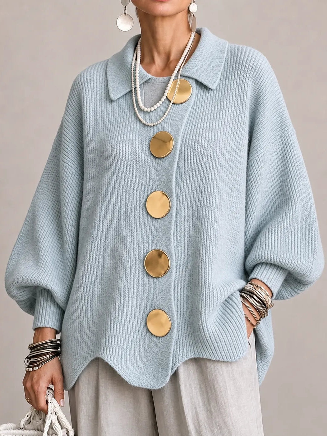 Oriana | Oversized Ribbed Cardigan with Scalloped Hem, Dusty Blue