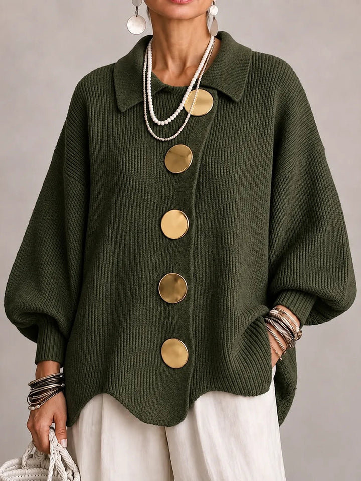 Elvira | Oversized Ribbed Cardigan with Scalloped Hem, Olive Green
