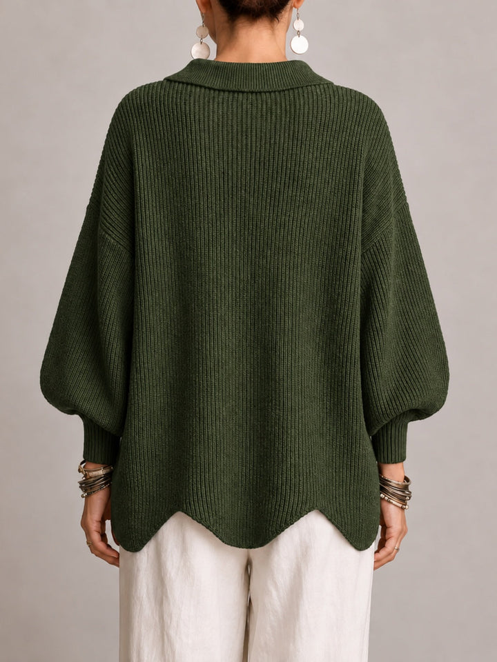 Elvira | Oversized Ribbed Cardigan with Scalloped Hem, Olive Green
