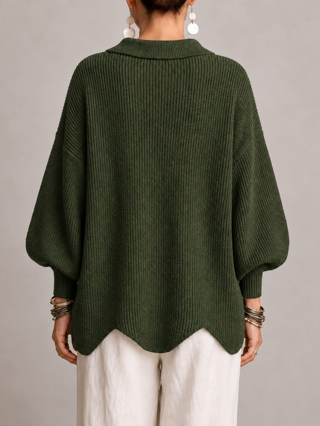 Elvira | Oversized Ribbed Cardigan with Scalloped Hem, Olive Green