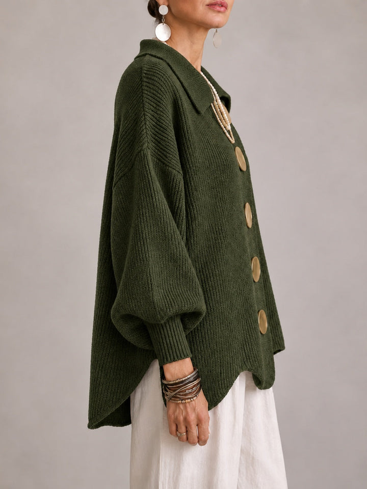 Elvira | Oversized Ribbed Cardigan with Scalloped Hem, Olive Green