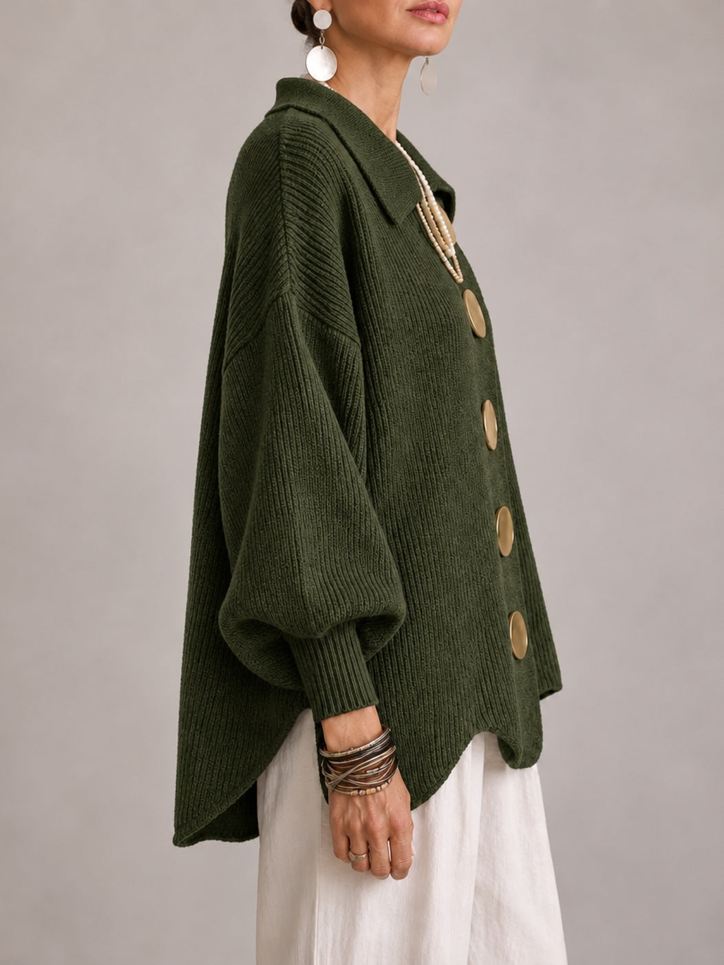 Elvira | Oversized Ribbed Cardigan with Scalloped Hem, Olive Green
