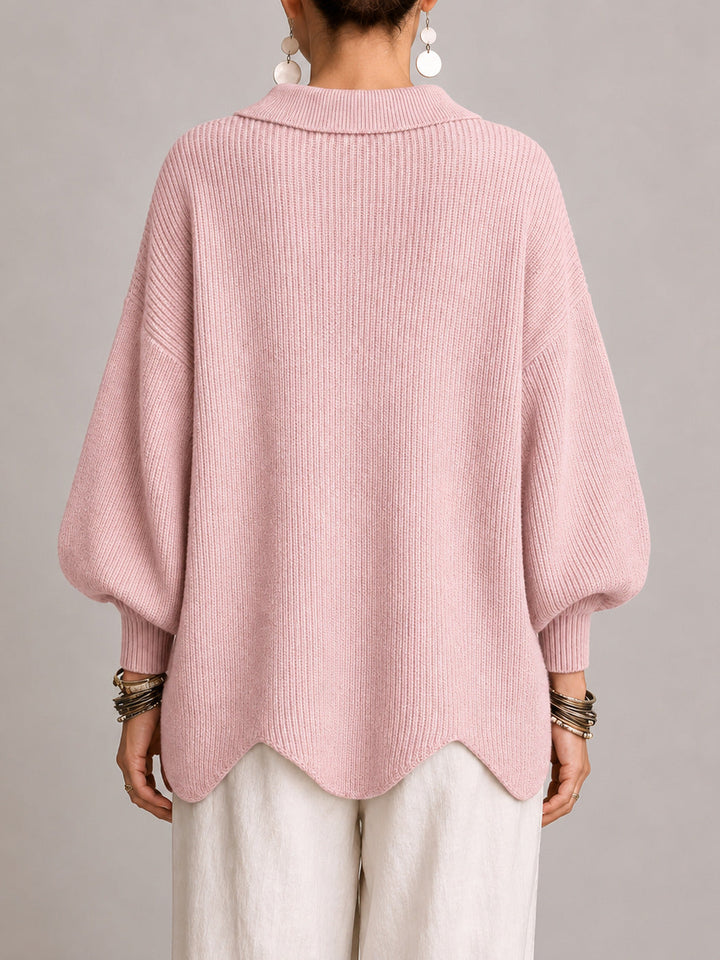 Clelia | Oversized Ribbed Cardigan with Scalloped Hem, Dusty Pink