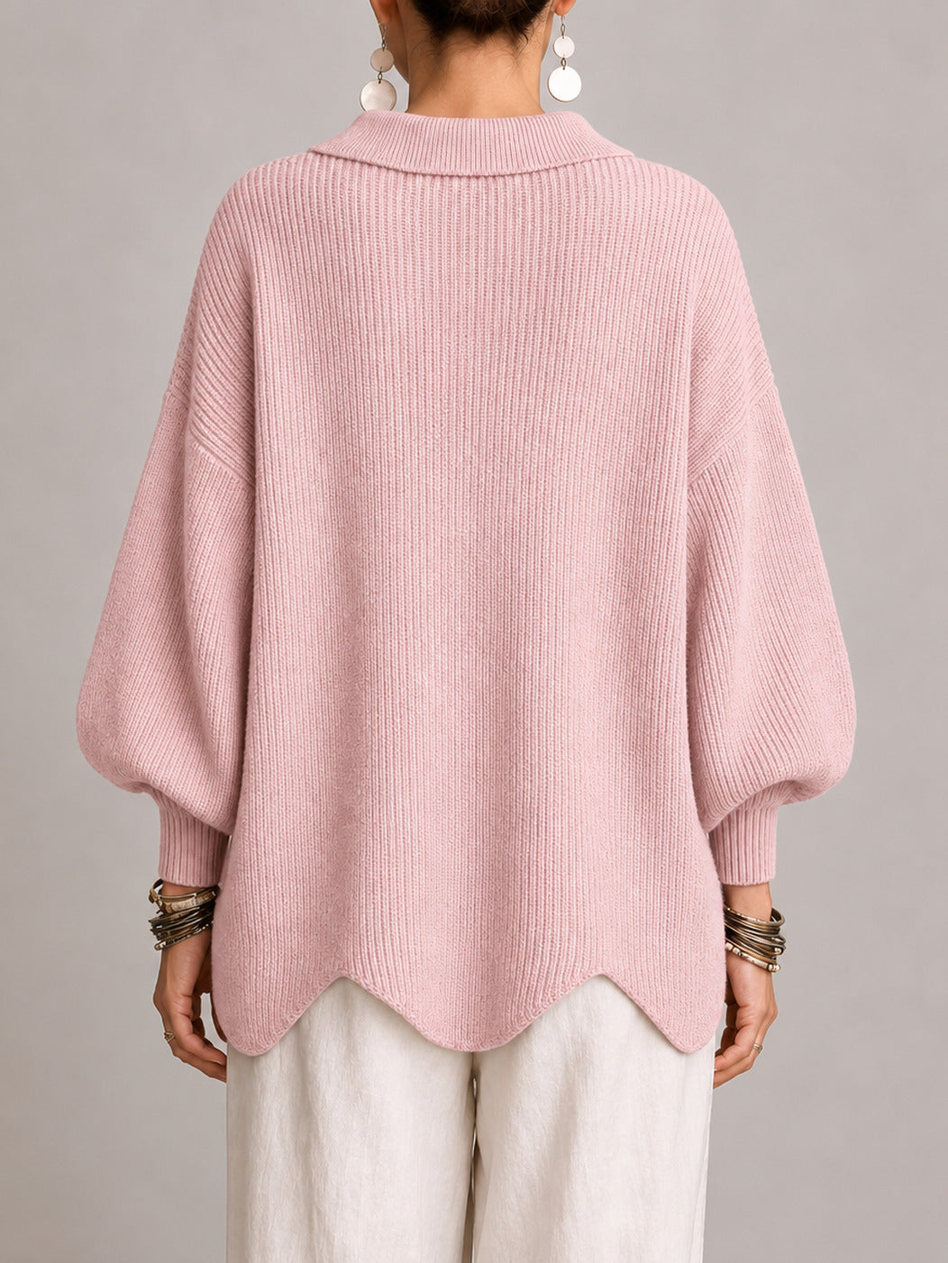 Clelia | Oversized Ribbed Cardigan with Scalloped Hem, Dusty Pink