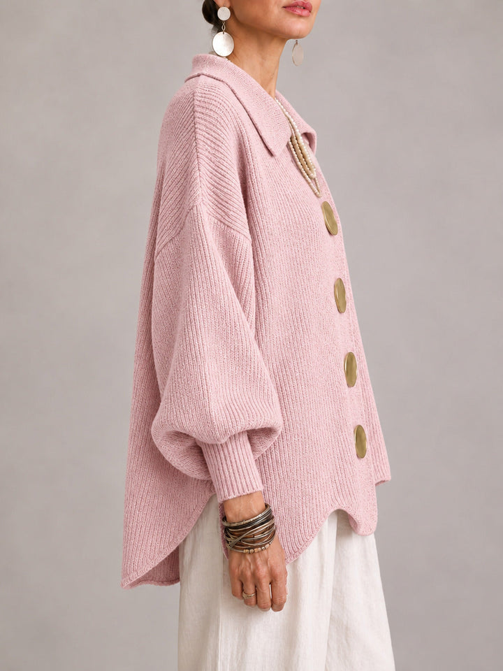 Clelia | Oversized Ribbed Cardigan with Scalloped Hem, Dusty Pink