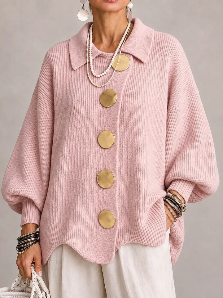 Clelia | Oversized Ribbed Cardigan with Scalloped Hem, Dusty Pink